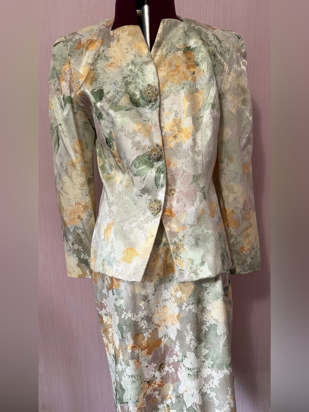 VTG Ursula of Switzerland Floral Brocade Skirt Suit 10 Power Suit Shoulder Pads